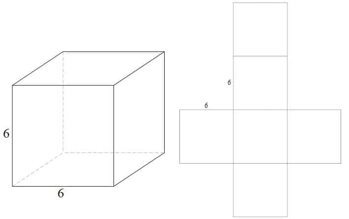 3D-kuva kuutiosta, jonka sivut ovat 6 lineaarista yksikköä
