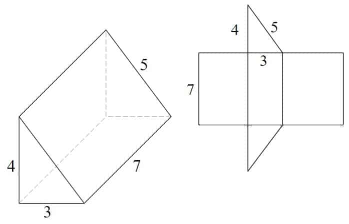 3d trekantet prisme med 3-4-5 triangel og 7 enheter i lengde