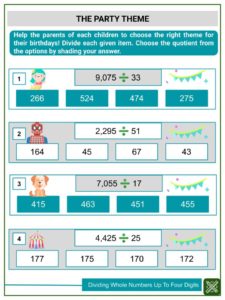 dividing whole numbers up to four digits worksheets