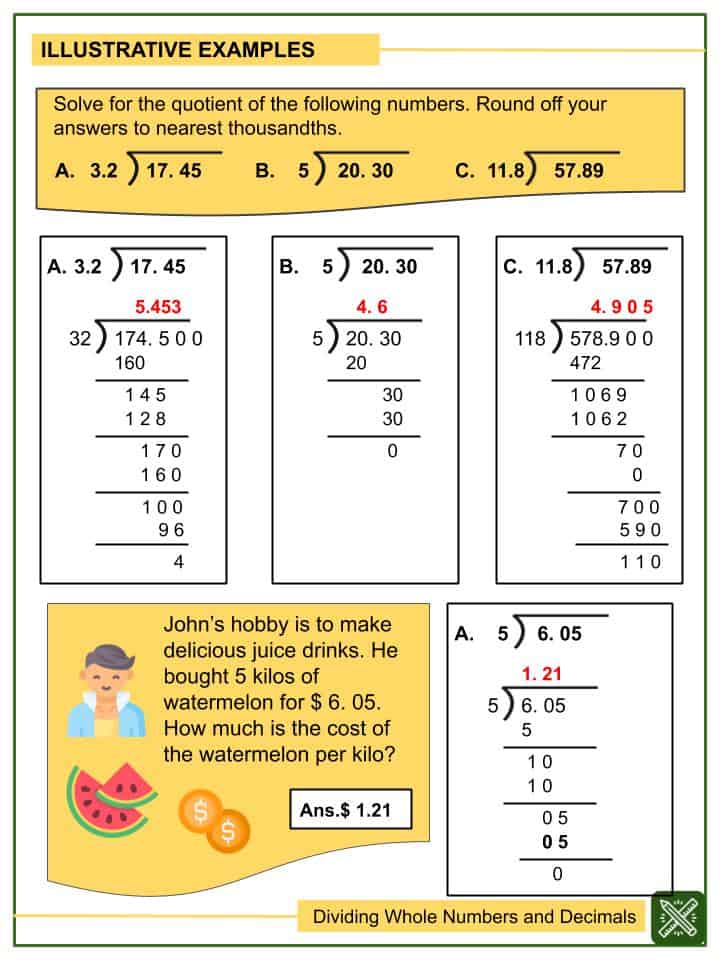 Dividing Whole Numbers and Decimals (Tenths to Thousandths) Worksheets