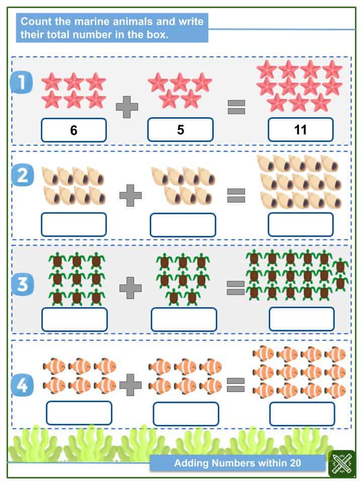 Adding Numbers within 20 1st Grade Math Worksheets & Answer Key