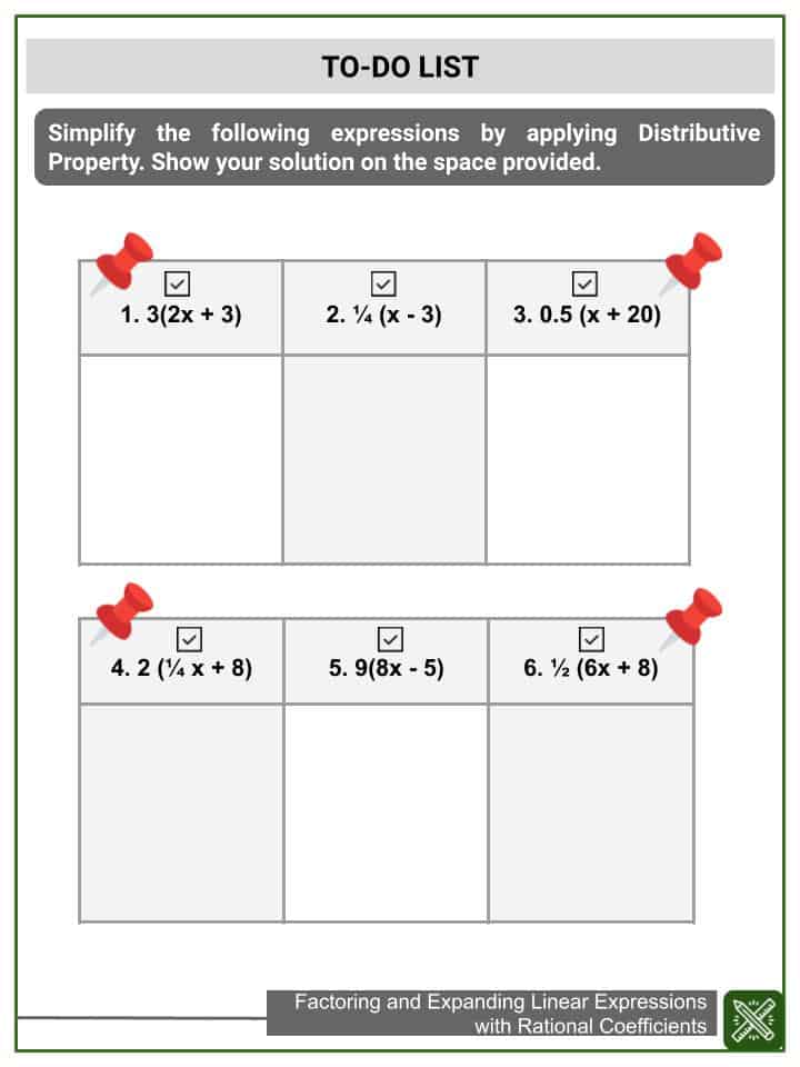 Factoring & Expanding Linear Expressions 7th Grade Math Worksheets