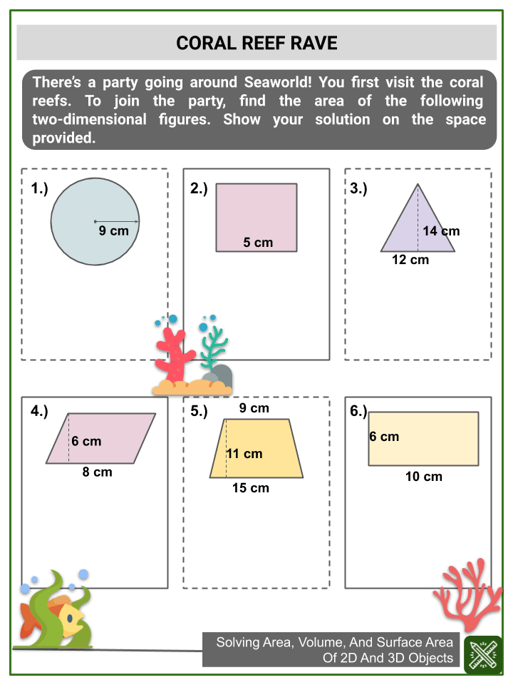 Solving Area, Volume, Surface Area Of Objects 7th Grade Math Worksheet