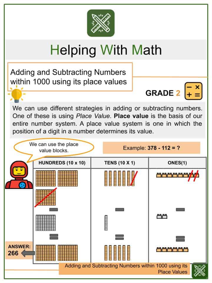 adding and subtracting numbers within 1000 using its place values 2nd grade math worksheets helping with math