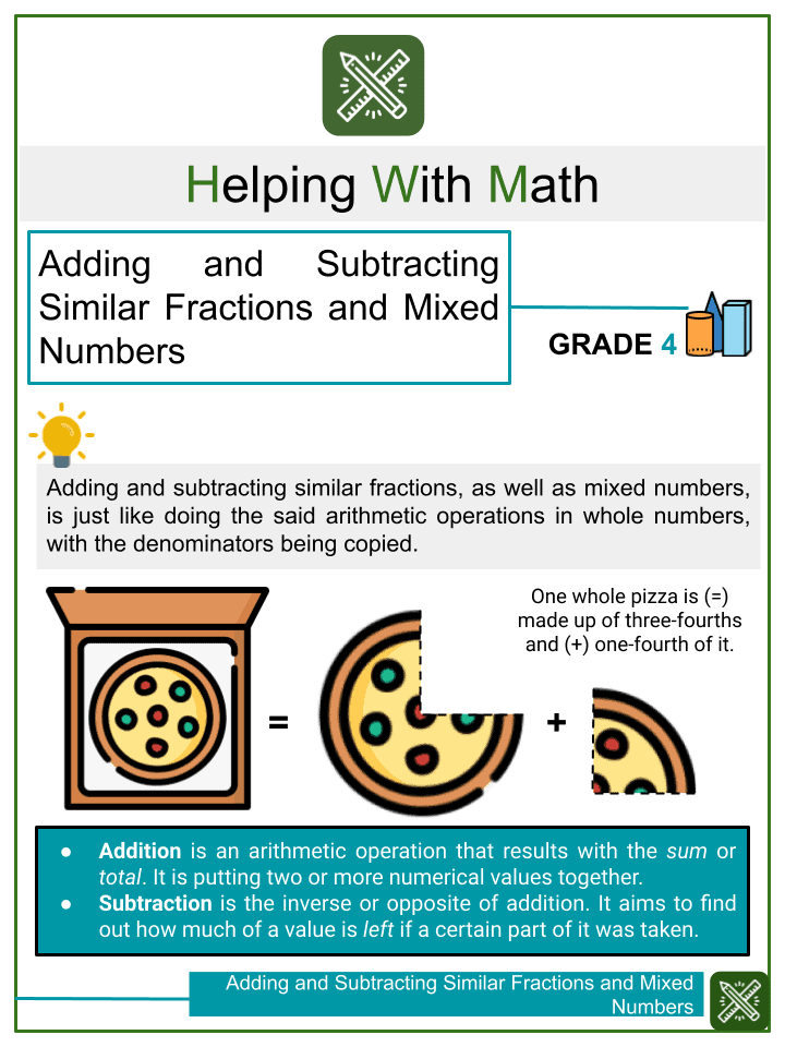 adding subtracting similar fractions mixed numbers math worksheet