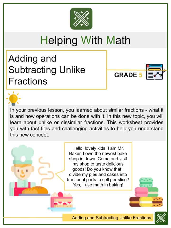 Adding and Subtracting Unlike Fractions Worksheets