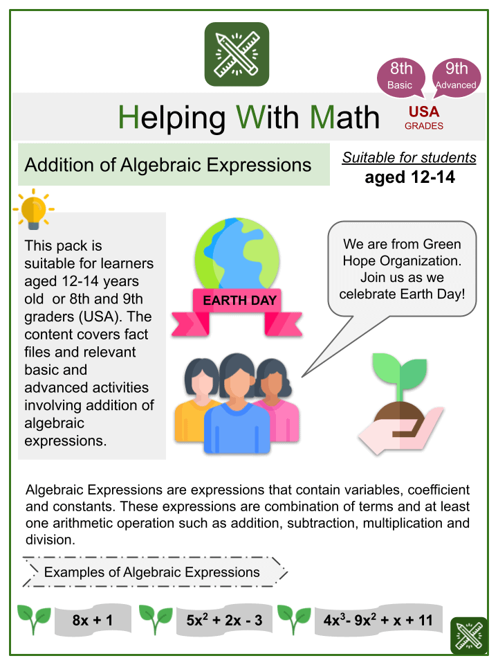 Addition Of Algebraic Expressions Math Worksheets Ages 12 14 Activities