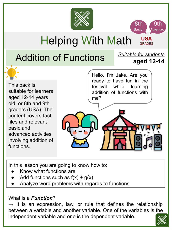 Addition Of Functions Math Worksheets Ages 12 14 Activities