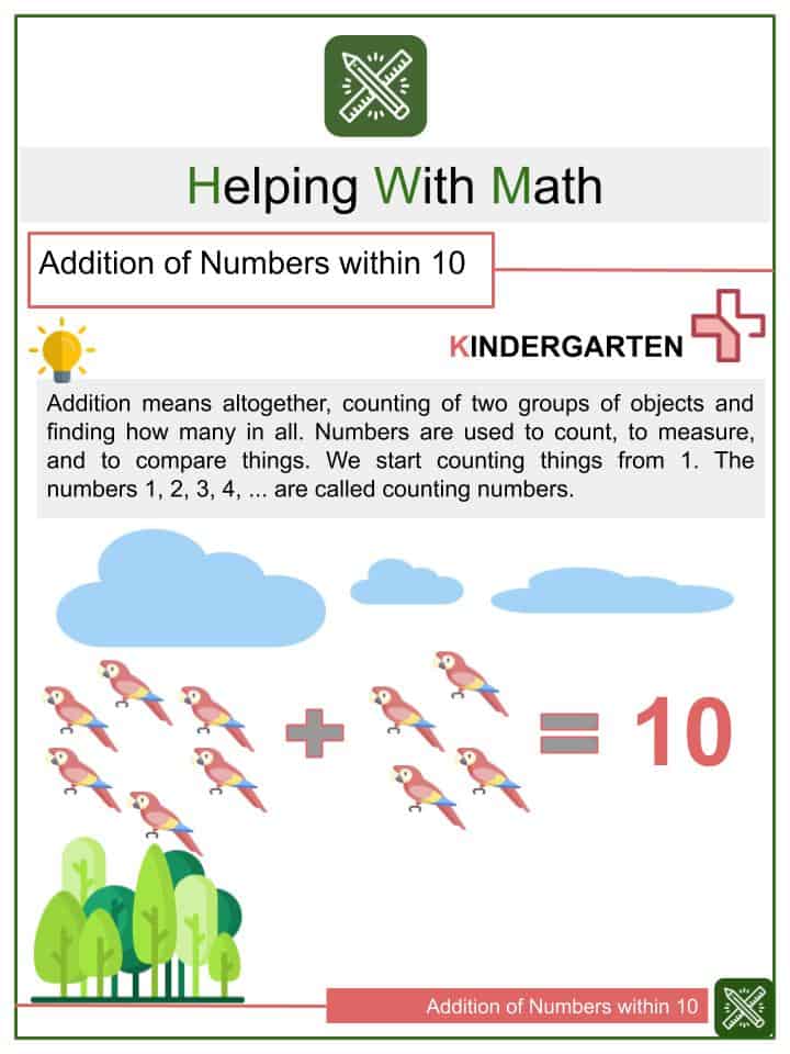 addition of numbers within 10 kindergarten math worksheets helping with math