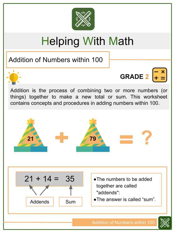 addition of numbers within 100 2nd grade math worksheets helping with math