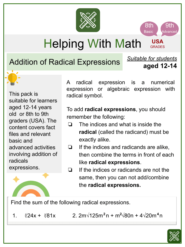 Addition Of Radical Expressions Math Worksheets Ages 12 14