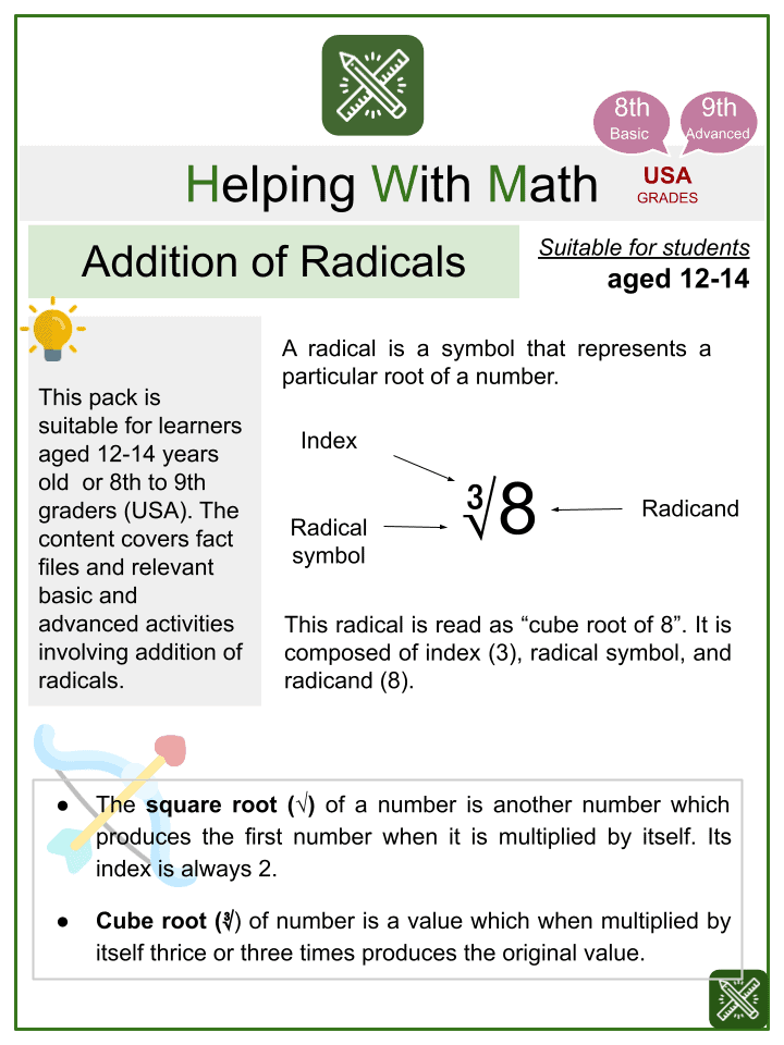 Addition Of Radicals Math Worksheets Ages 12 14 Activities
