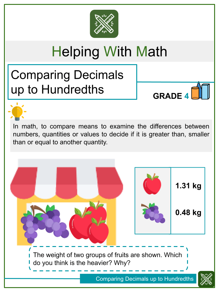 comparing decimals up to hundredths 4th grade math worksheets