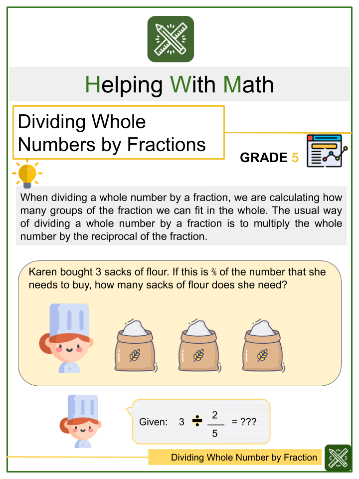 dividing whole number by fraction 5th grade math worksheets