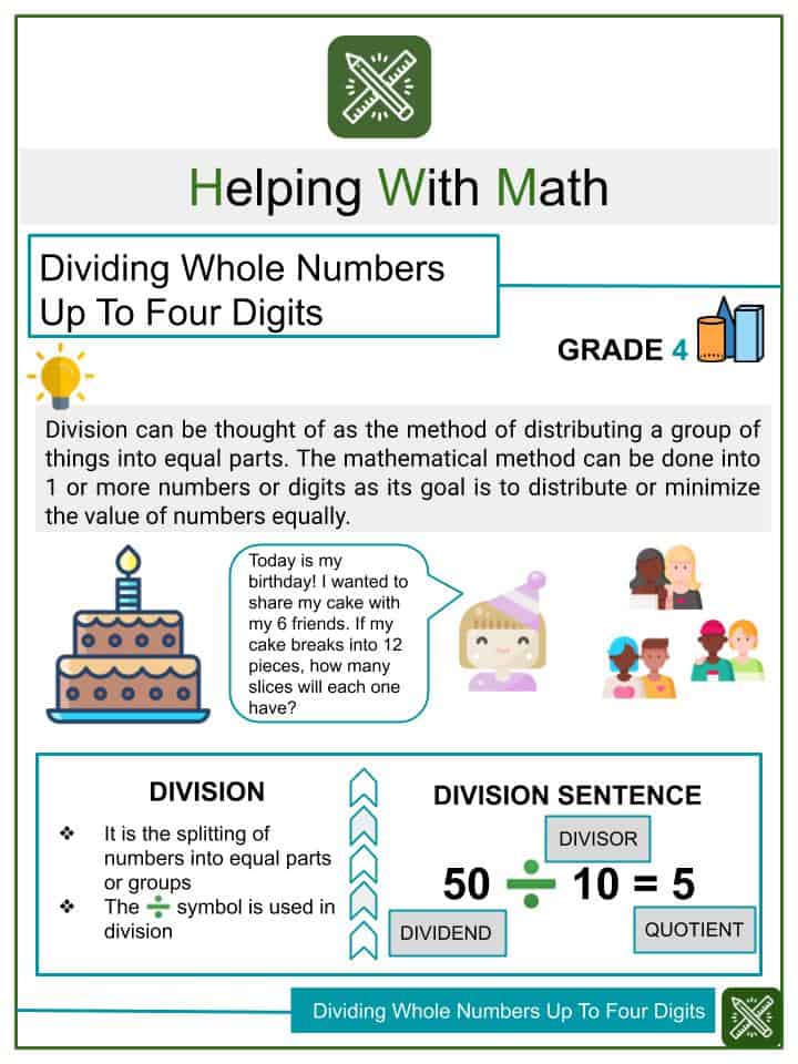 dividing whole numbers up to four digits 4th grade math worksheets helping with math