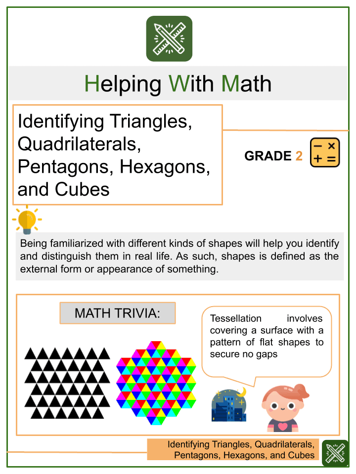 identifying triangles quadrilaterals pentagons hexagons and cubes 2nd grade math worksheets