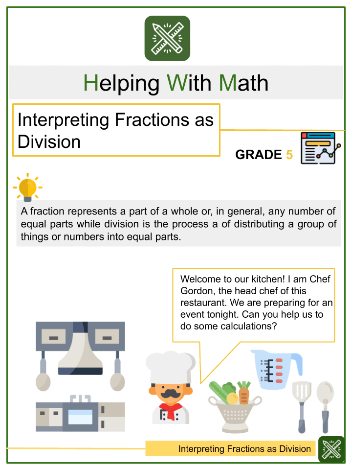interpreting fractions as division 5th grade math worksheets