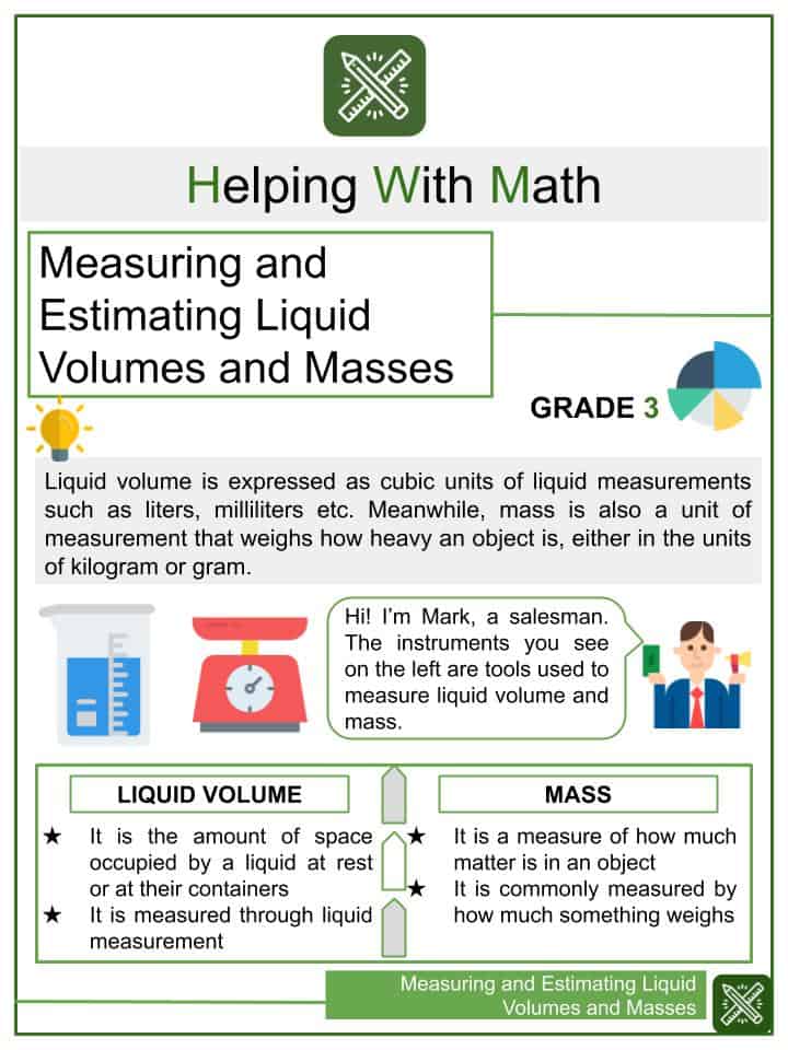 measuring and estimating liquid volumes and masses 3rd grade math worksheets helping with math