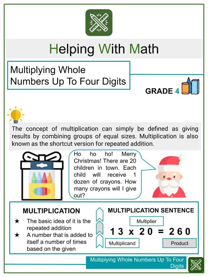 multiplying whole numbers up to four digits 4th grade math worksheets helping with math