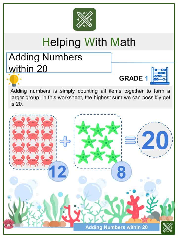 Adding Numbers within 20 1st Grade Math Worksheets & Answer Key