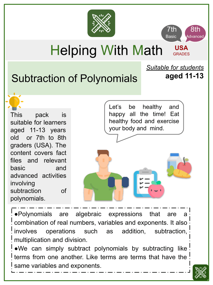 Subtraction Of Polynomials Math Worksheets Ages 11 13 Activities