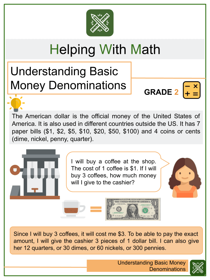 understanding basic money denominations 2nd grade math worksheets