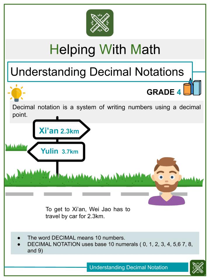 understanding decimal notations 4th grade math worksheets