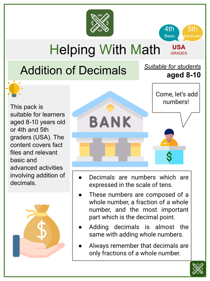 Addition Of Decimals Themed Math Worksheets Aged 8 10