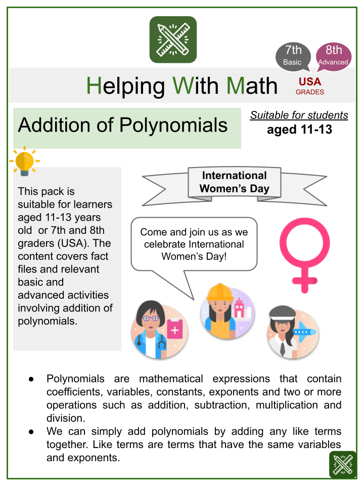Addition And Subtraction Of Polynomials Worksheets