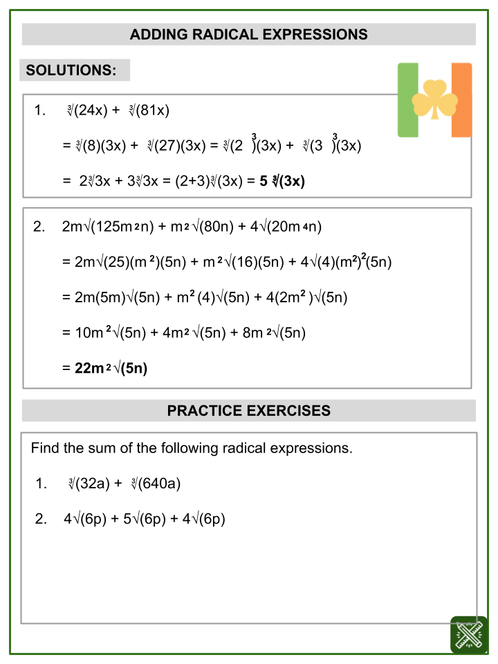 Addition Of Radicals Math Worksheets Ages 12 14 Activities