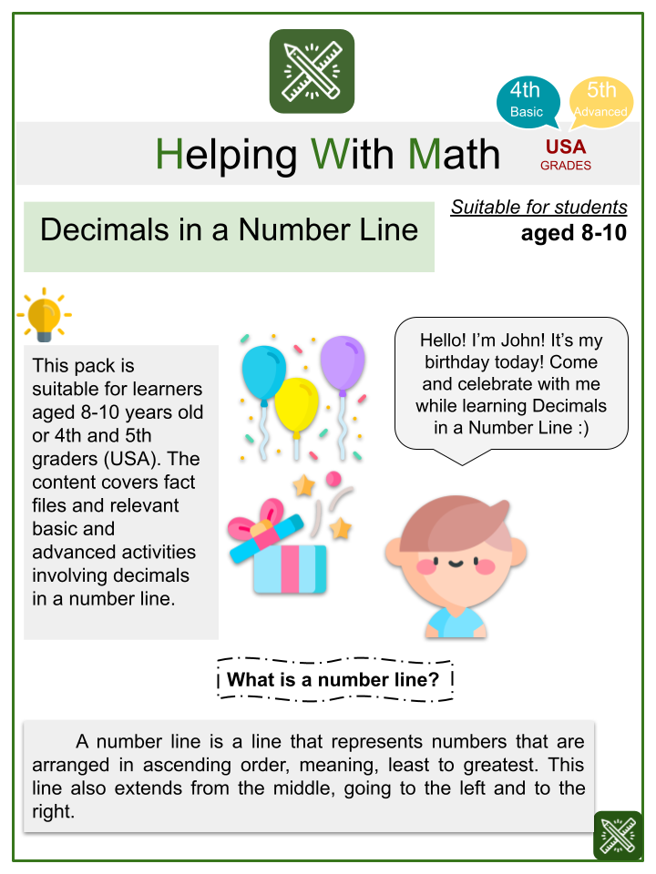 decimals in a number line themed math worksheets aged 8 10