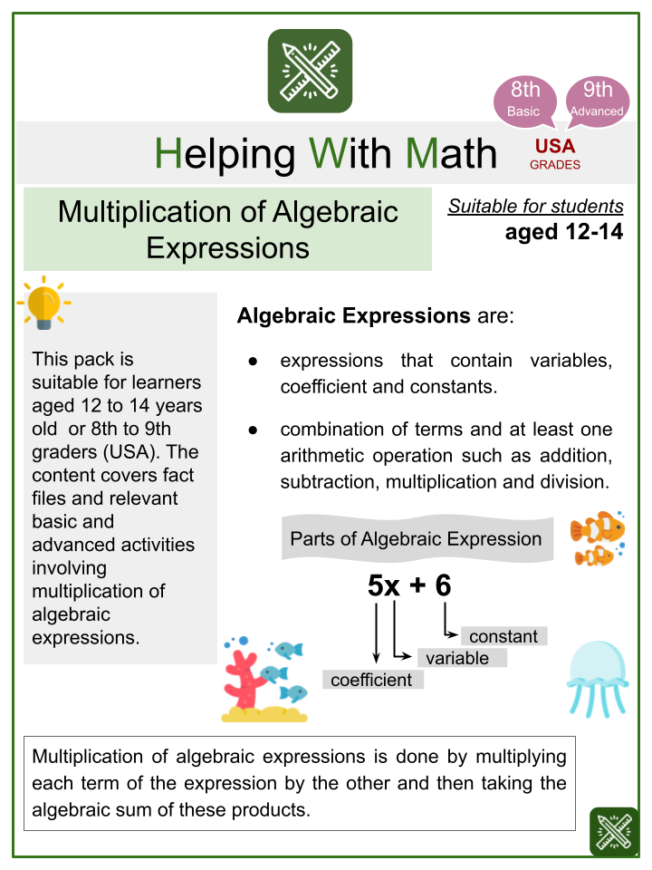 Multiplication Of Algebraic Expressions Worksheets With Answers