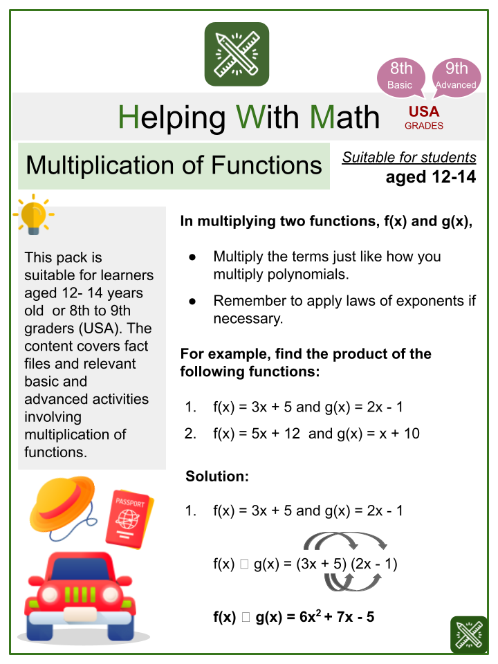 Multiplication Of Functions Math Worksheets Aged 12 14
