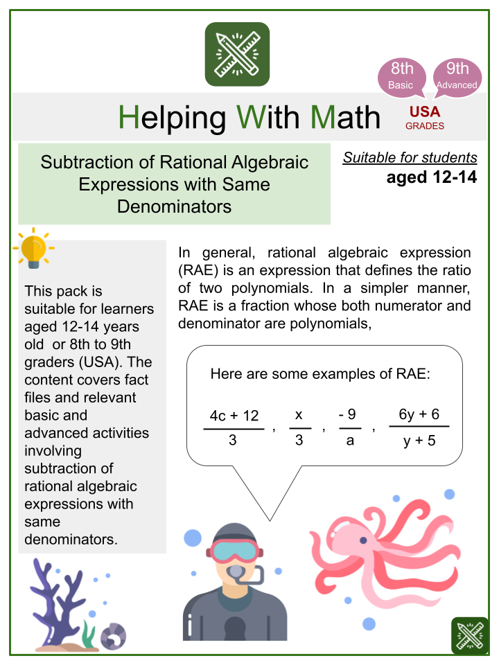 Subtraction Of Rational Algebraic Expressions Math Worksheet