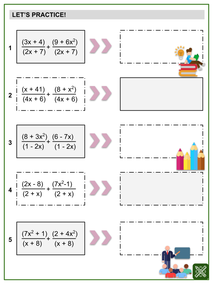 Addition of Rational Algebraic Expressions Math Worksheets