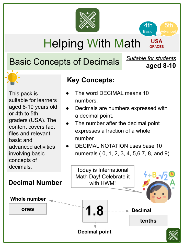 basic concepts of decimals math worksheets aged 8 10