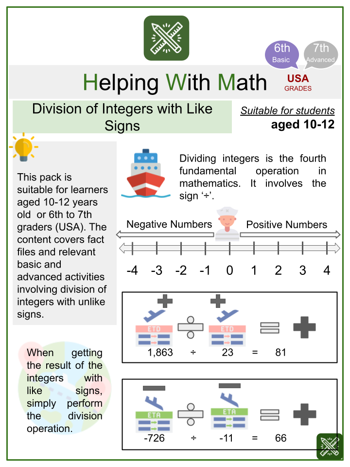Division Of Integers With Like Signs Themed Worksheets
