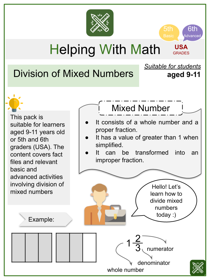 Division Of Mixed Numbers Themed Math Worksheets Aged 9 11
