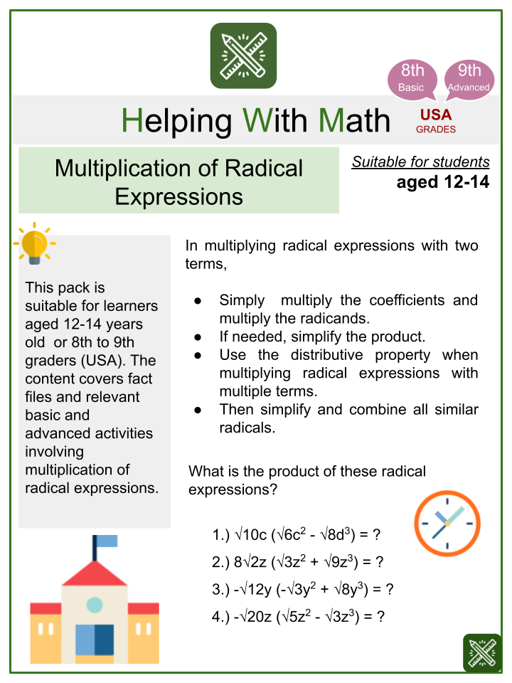  Multiplication Of Radical Expressions Worksheets Aged 12 14