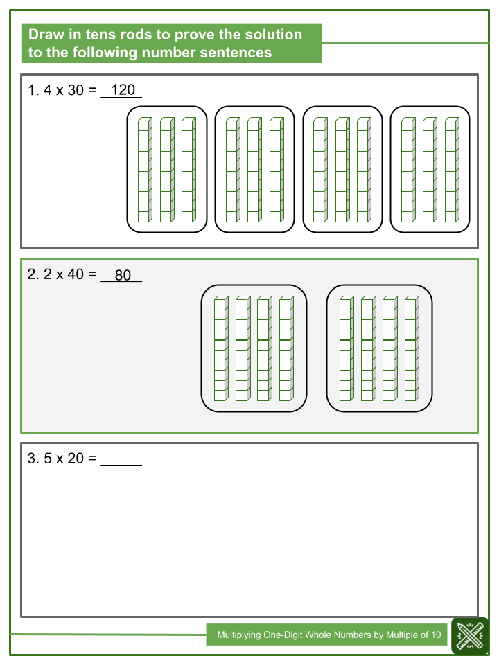 Multiplying One Digit Whole Numbers By Multiples Worksheets