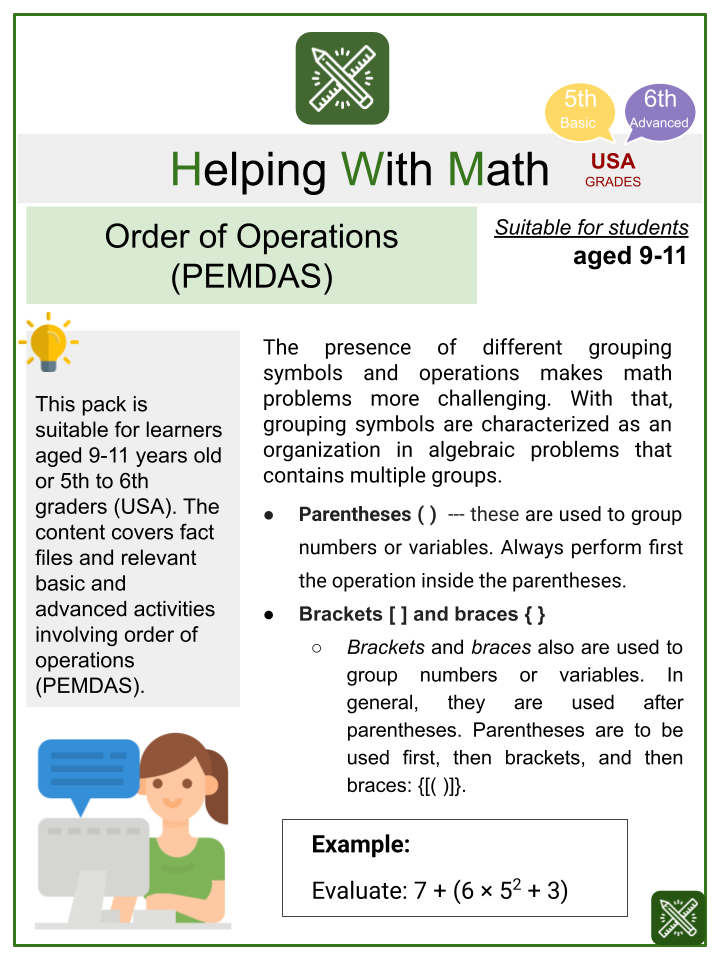 order of operations pemdas themed math worksheets age 9 11