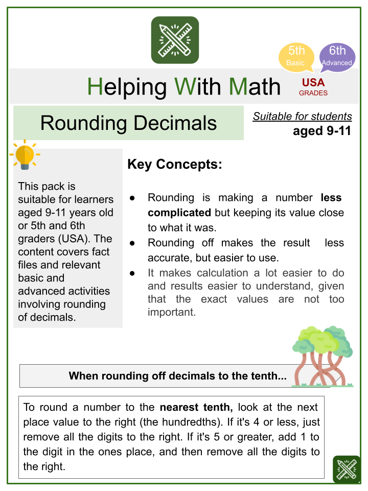 rounding decimals themed math worksheets aged 9 11