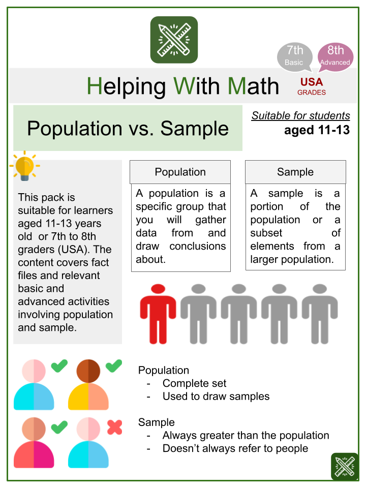 Population vs Sample Themed Math Worksheets Aged 11 13