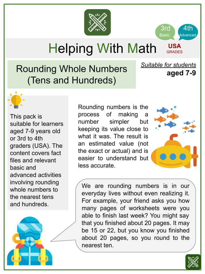 Rounding Whole Numbers (Tens and Hundreds) (Sea Animals Themed) Worksheets