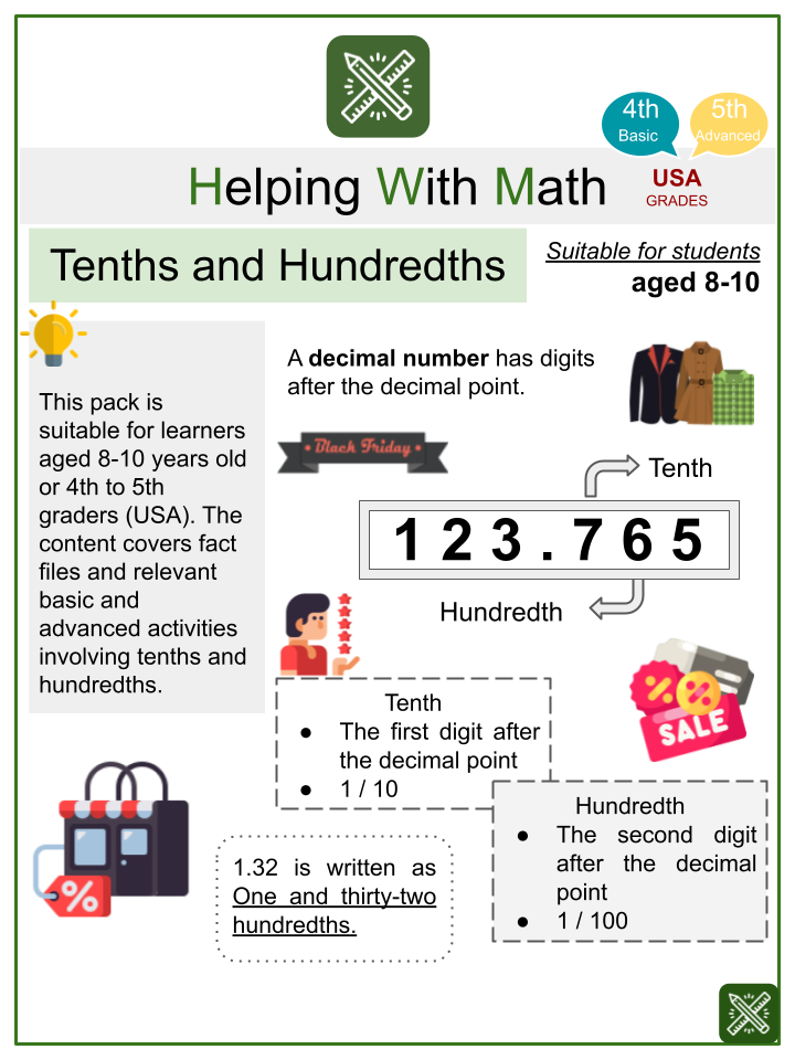 Tenths And Hundredths Themed Math Worksheets Aged 8 10