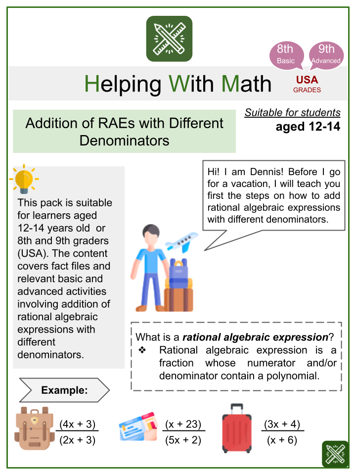 Addition of RAEs with Different Denominators (Vacation Themed) Math Worksheets