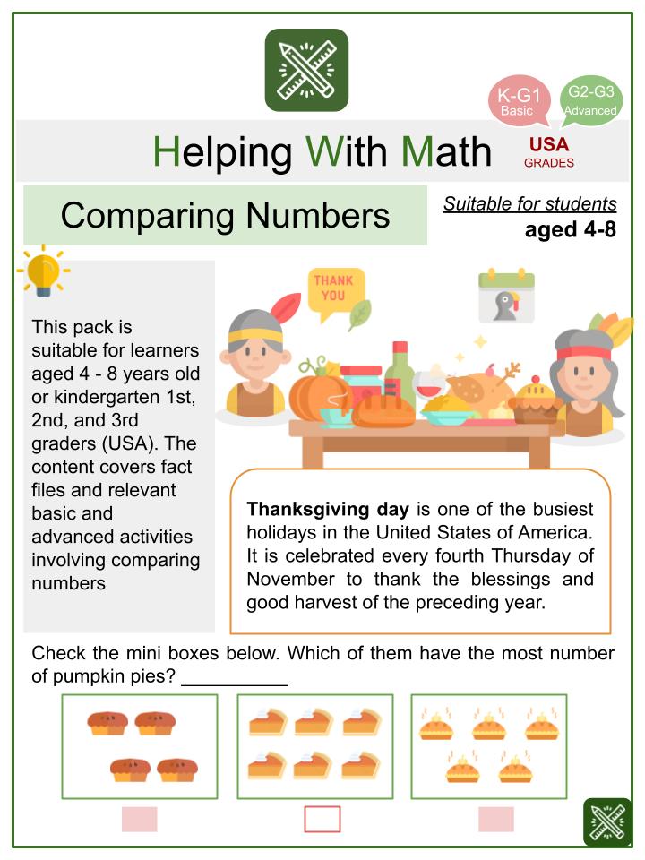 Comparing Numbers Thanksgiving Day Worksheets Aged 4 8