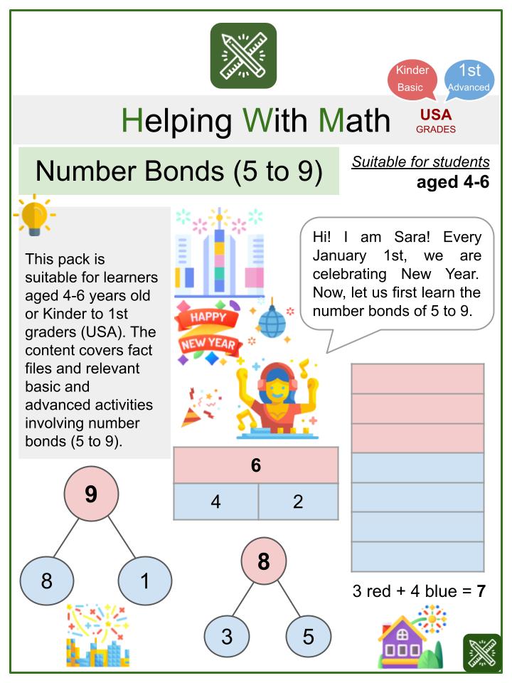 Number Bonds (5 to 9) (New Year Themed) Worksheets