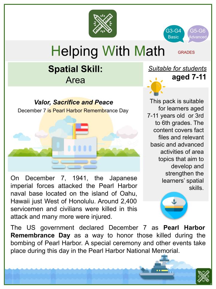 Spatial Skill: Area (Pearl Harbor Remembrance Day Themed) Math Worksheets