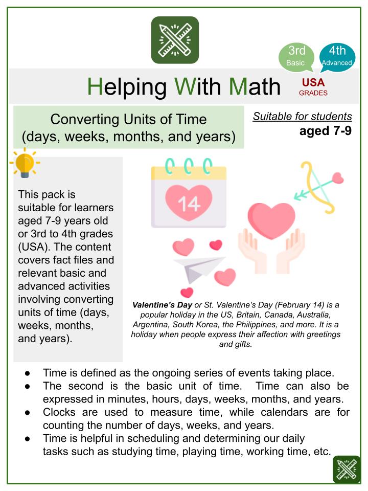 Converting Units of Time: (days, weeks, months, and years) (Valentine's Day Themed) Math Worksheets